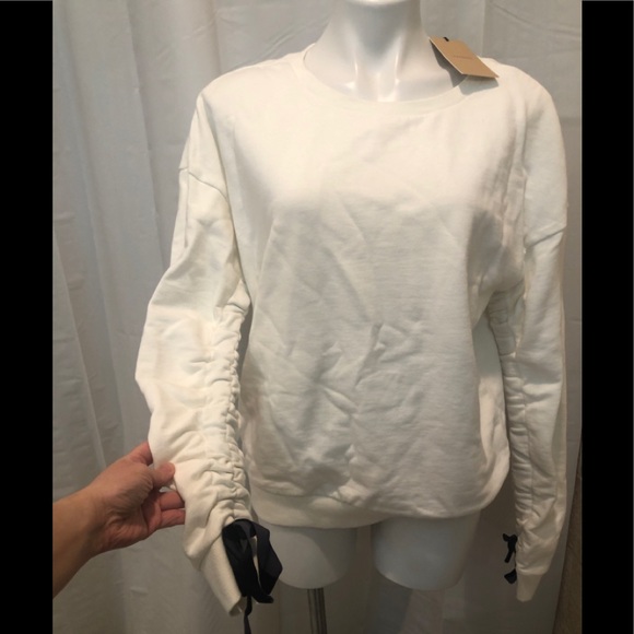 Halogen M White Ruched Ribbon Tie Sweatshirt NWT - Picture 2 of 6